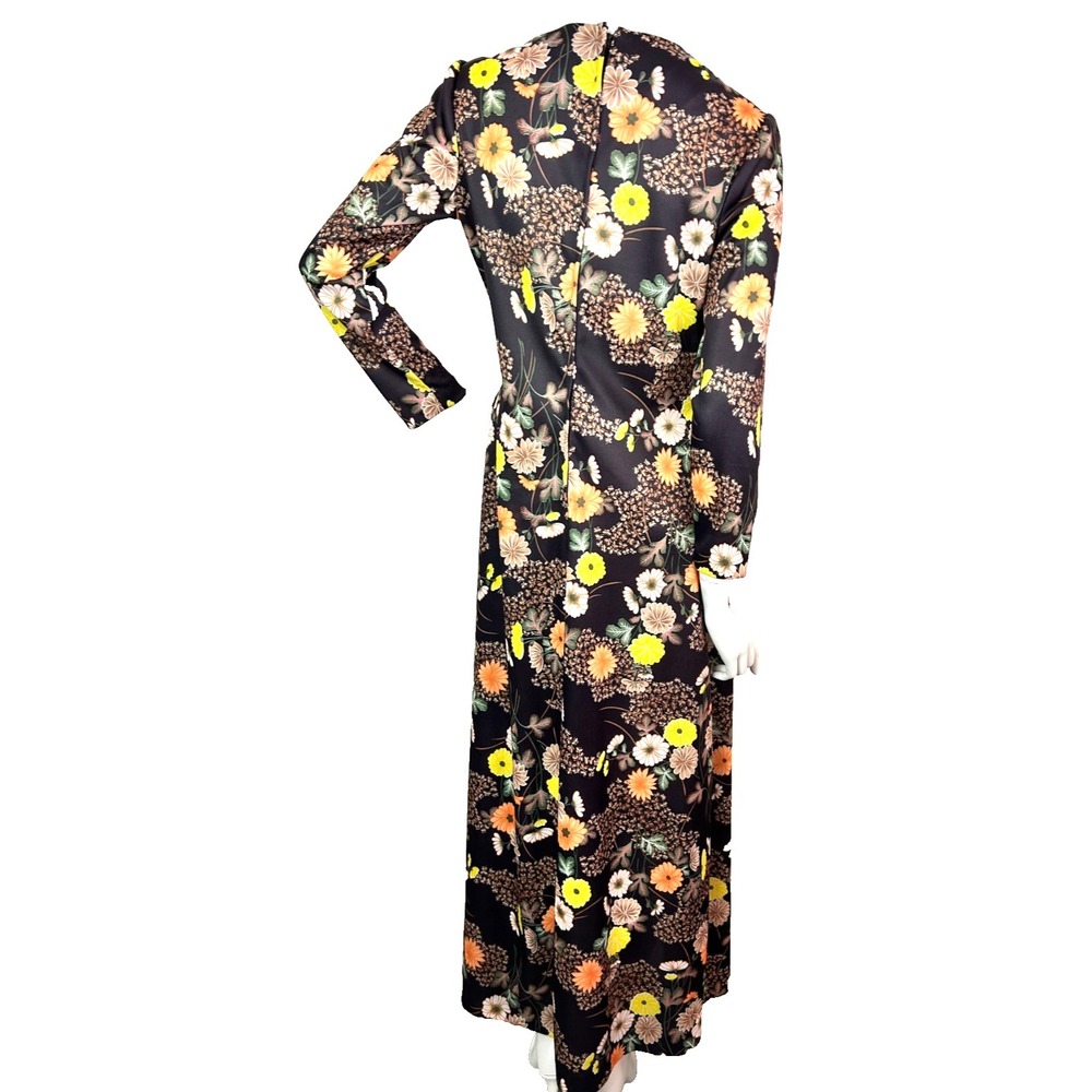 70s Floral Maxi Dress Size 8-10 M-L Brown V-Neck Twist Front Long Sleeve EUC - Picture 3 of 12